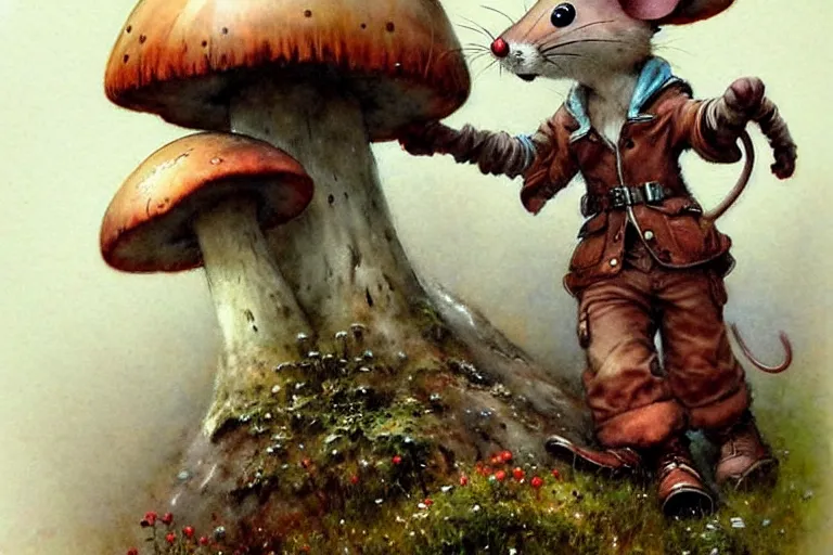 Image similar to adventurer ( ( ( ( ( 1 9 5 0 s retro future mouse in forrest of giant mushrooms. muted colors. ) ) ) ) ) by jean baptiste monge!!!!!!!!!!!!!!!!!!!!!!!!! chrome red