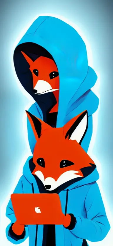 Image similar to a concept art of anthropomorphic fox in a blue hoodie hacking a portable computer, artstation, digital art, oc commission, style by studio gainax