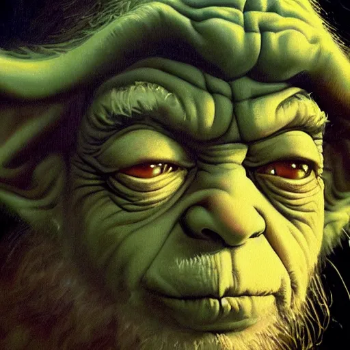 Prompt: ultra realistic portrait painting oftommy lee jones as yoda, art by frank frazetta, 4 k, ultra realistic, highly detailed, epic lighting