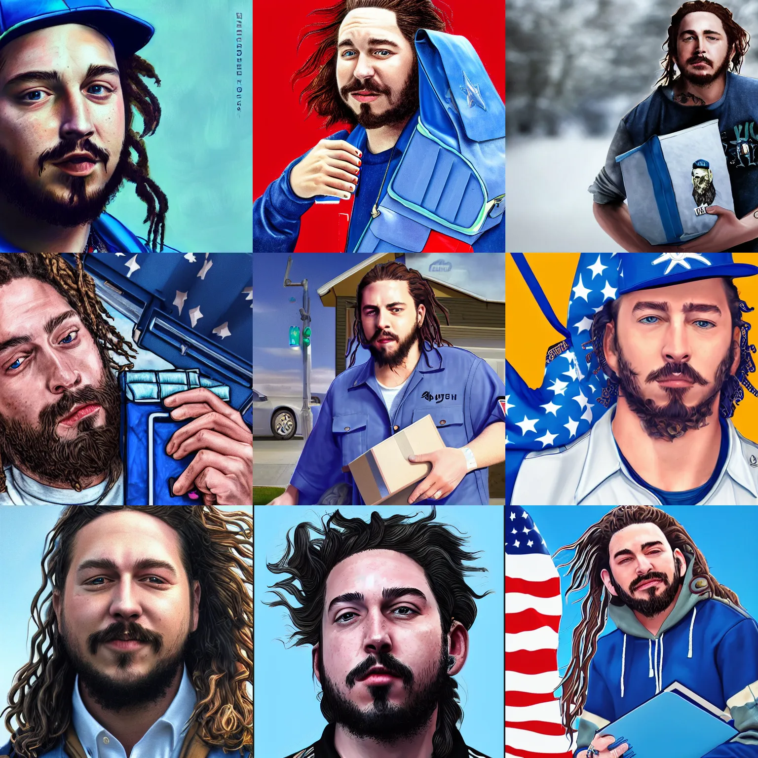 Prompt: a closeup photorealistic illustration of post malone delivering mail as a us mail carrier holding blue bag. fine detail. this 4 k hd image is trending on artstation, featured on behance, well - rendered, extra crisp, features intricate detail, epic composition and the style of unreal engine.