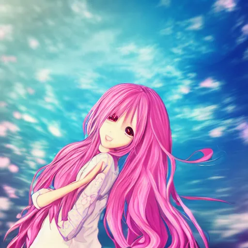 Image similar to “anime girl, flowing pink hair, extremely beautiful, swirly pink background, action shot, by Kurahana Chinatsu, trending on PixArt”