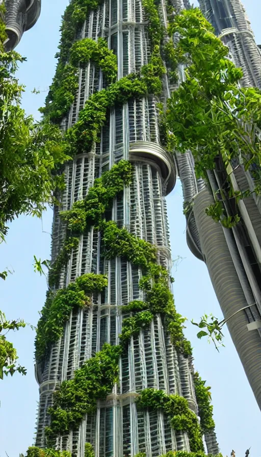 Image similar to the burj khalifa with plants and vines and greenery growing on it. in a beautiful green metropolis surrounded by flowers, trees and greenery.