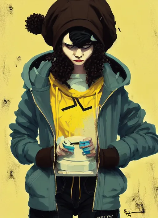 Image similar to highly detailed portrait of a sewerpunk student lady, blue eyes, hoody, beanie hat, black curly hair by atey ghailan, james gilleard, by greg rutkowski, by greg tocchini, by kaethe butcher, gradient yellow, black, brown and cyan color scheme, grunge aesthetic!!! ( ( graffiti tag wall background ) )