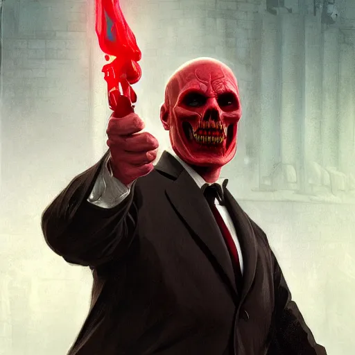 Prompt: Mitch McConnell as Red Skull, cinematic movie poster, elegant, intricate, headshot, highly detailed, digital painting, artstation, concept art, sharp focus, illustration, art by artgerm and greg rutkowski and alphonse mucha