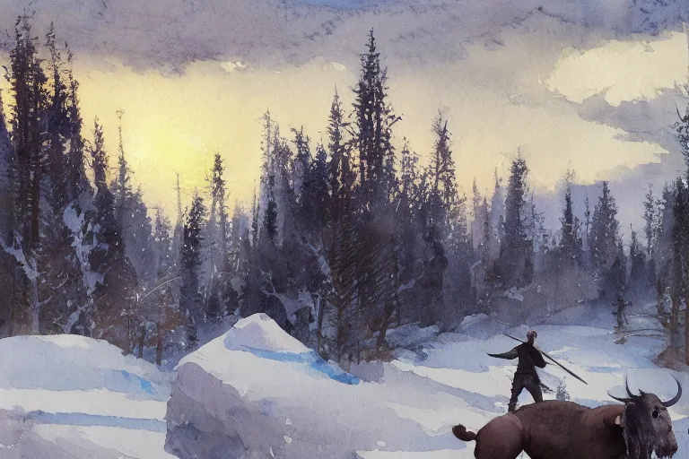 Prompt: small centered on watercolor paper, paint brush strokes, abstract watercolor painting of mammuth in ragnarok at nightfall, winter, pine trees, viking mythology, cinematic light, american romanticism by hans dahl, by jesper ejsing, by anders zorn, by greg rutkowski, by greg manchess, by tyler edlin