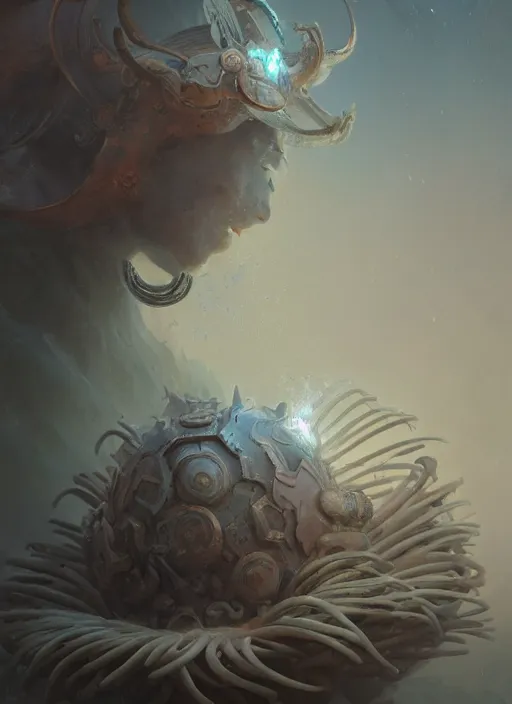 Image similar to Helmet of a forgotten Deity, sea anemone, extremly detailed digital painting, in the style of Fenghua Zhong and Ruan Jia and jeremy lipking and Peter Mohrbacher, mystical colors, rim light, beautiful lighting, 8k, stunning scene, raytracing, octane, trending on artstation