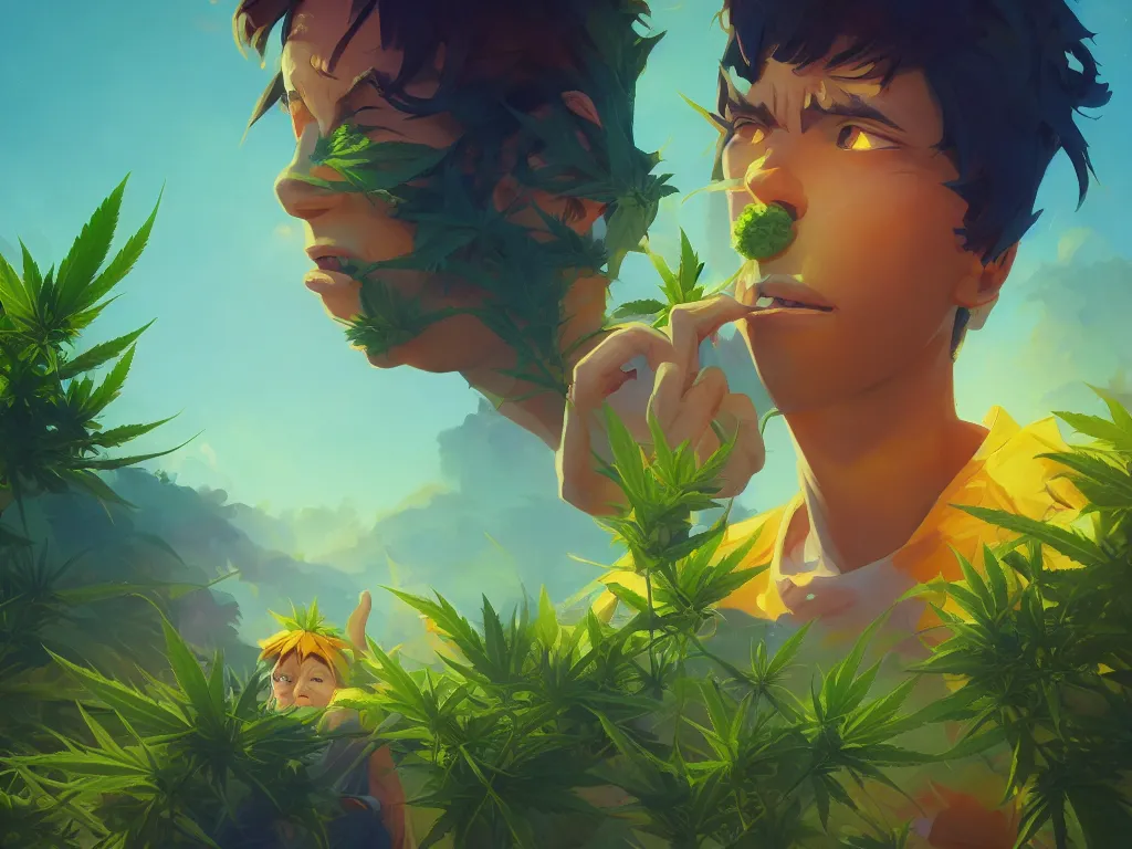 Image similar to kid with green ultramarine nefrit flowers of marijuana hemp cannabis, behance hd by jesper ejsing, by rhads, makoto shinkai and lois van baarle, ilya kuvshinov, rossdraws global illumination, golden ratio, symmetrical beauty face