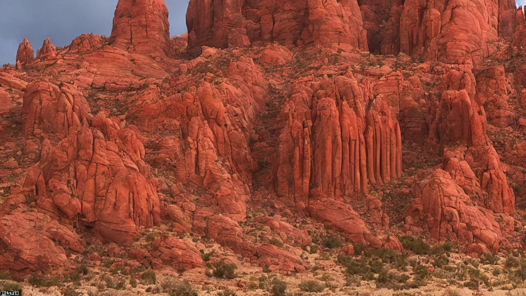 Prompt: an atmospheric film still by Ridley Scott with a huge towering dark gothic cathedral carved out of rock at the top of a red rock canyon