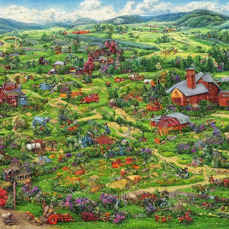 Prompt: rolling valley of farmsteads and gardens by Walt Curlee, fantasy art, folk art