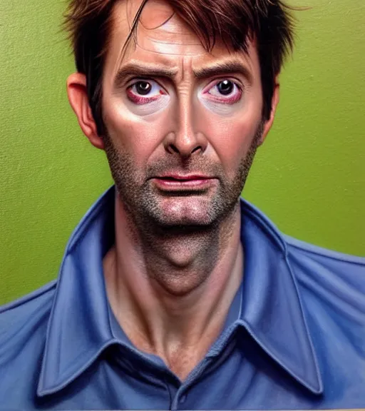 Image similar to medium shot portrait of david tennant as a golfer, white cap, beige and blue overstich, very detailed eyes, hyperrealistic, very detailed painting by Glenn Fabry, by Joao_Ruas