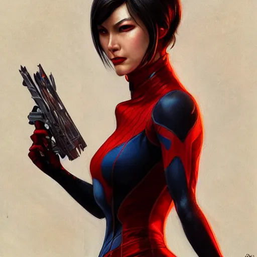 Image similar to Ada Wong as Spider-Woman, western, D&D, fantasy, intricate, elegant, highly detailed, digital painting, artstation, concept art, matte, sharp focus, illustration, art by Artgerm and Greg Rutkowski and Alphonse Mucha