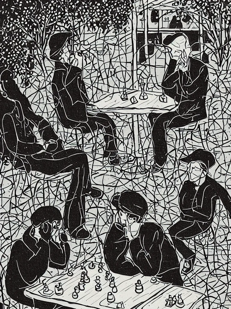 Prompt: illustration of two men sit outside a café in the dark, the last of the autumn leaves swirling around them, men playing chess, one man resting his head in his palm, the other man reaching for a chess piece, by Luci Power - n9