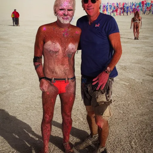 Prompt: a highly very very detailed photo of Joe Biden with attending Burning Man on the Playa with an Anarcho-primitivist Donald Trump survivalist covered in body glitter, very very detailed, photorealism, Photoshop, very coherent, HD