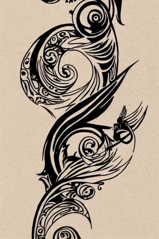 Image similar to a simple art nouveau tattoo design of birds flying in a 8 spiral, black ink, logo