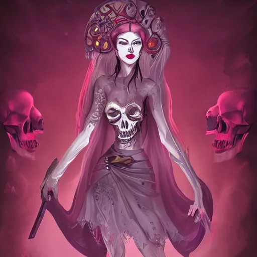 Prompt: a beautiful feminine necromancer raising the dead, illustration, skulls, character design by nixeu, artstation, 2 d cg