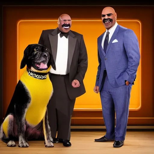 Prompt: a dog that looks exactly like steve harvey on family feud, studio lighting, 4 k, photorealistic, award winning