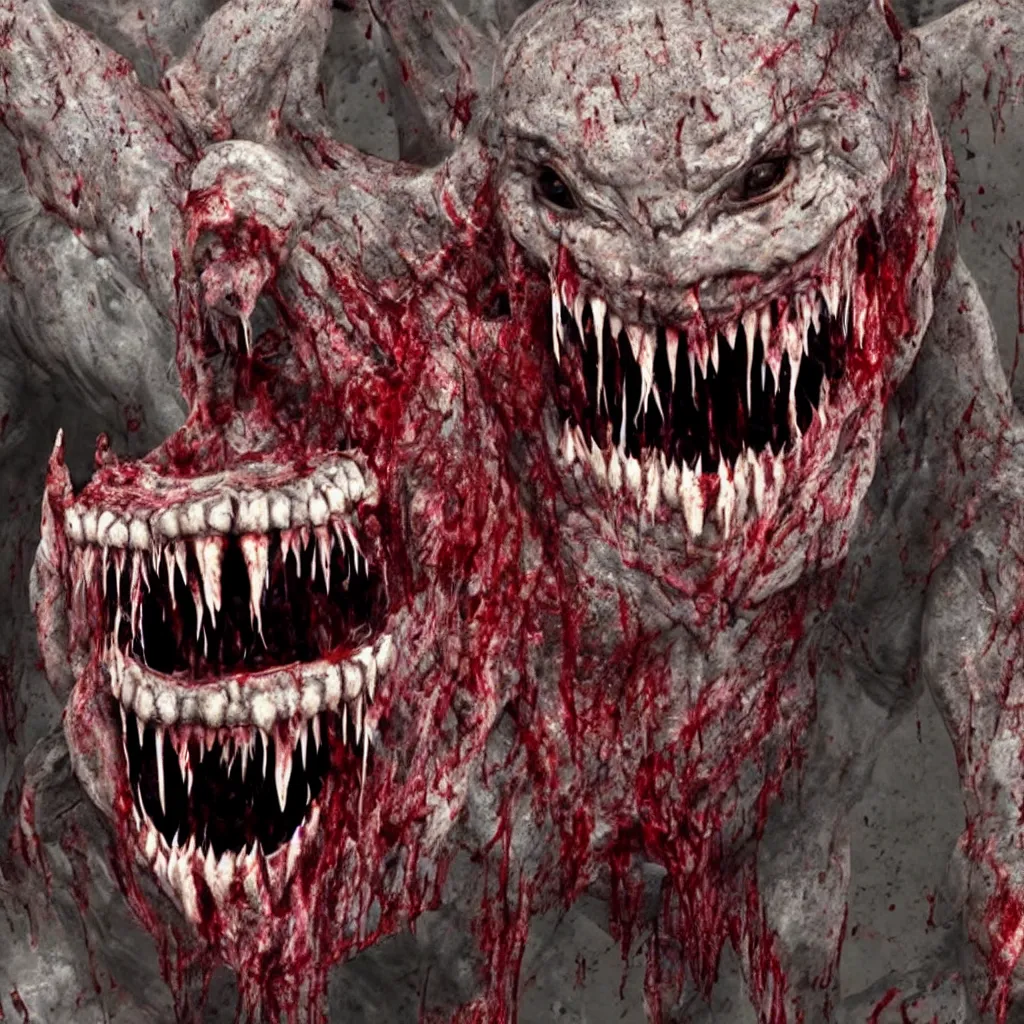 Image similar to horrifying and dark creature, realistic, fangs, blood thirsty