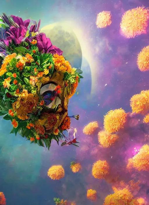 Image similar to An epic fantastic realism comic book style painting of the most beautiful flowers launched into space, bouquets, Shamanic Mask made of flowers, fisheye lens, unreal 5, DAZ, hyperrealistic, octane render, dynamic lighting