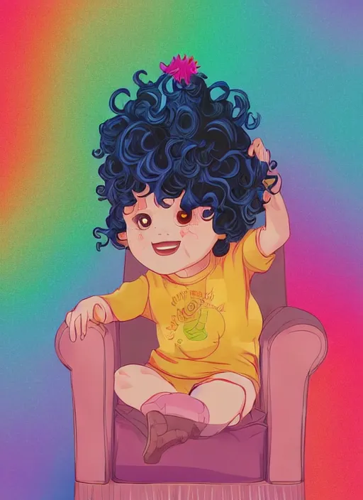 Image similar to a little girl with wavy curly rainbow hair sitting in an armchair. clean cel shaded vector art. shutterstock. behance hd by lois van baarle, artgerm, helen huang, by makoto shinkai and ilya kuvshinov, rossdraws, illustration, art by ilya kuvshinov