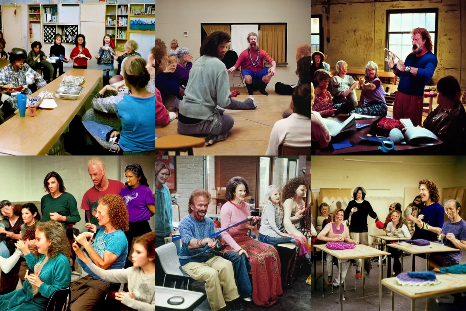 Prompt: Diamond Dallas Page teaching a knitting class. Candid photography, photojournalism, by David LaChapelle, by Steve McCurry, National Geographic, New York Magazine, Annie Leibovitz