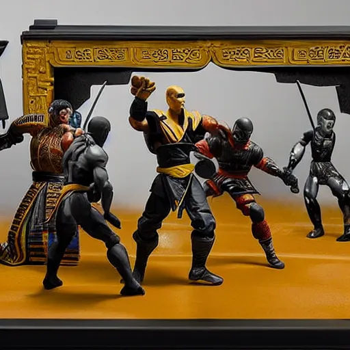 Prompt: photo of figma figures inside a diorama, depicting the fighters of mortal kombat brutally fighting each other inside a shaolin temple.