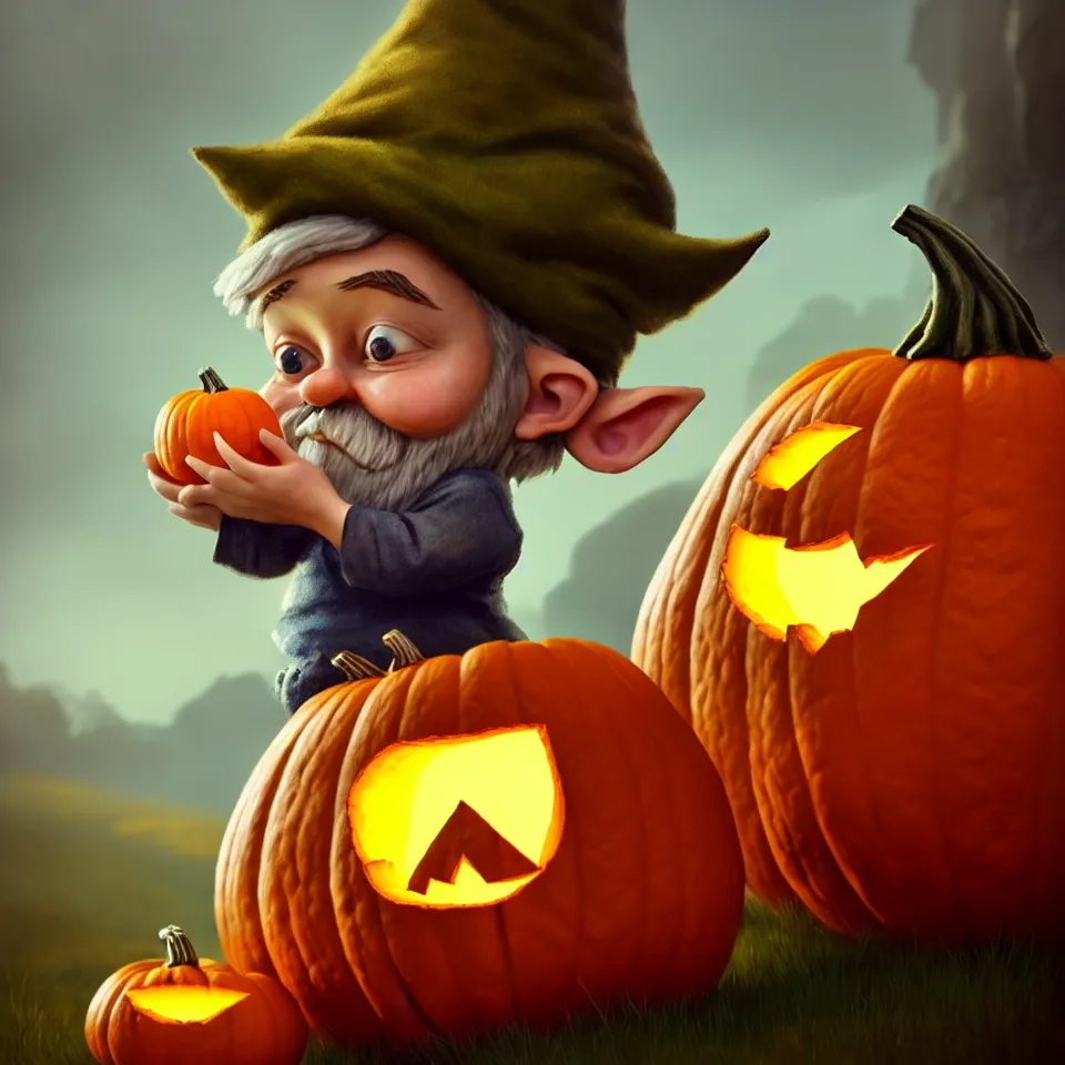 Prompt: hand drawn cute one gnomes 3 d face upscale in autumn disguise holding pumpkin, detailed closeup face, concept art, low angle, high detail, warm lighting, volumetric, godrays, vivid, beautiful, trending on artstation, by jordan grimmer, huge scene, grass, art greg rutkowski