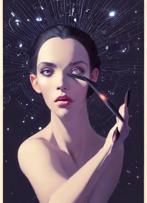 Image similar to close picture of a black dress witch researching about the azathoth, model pose, very brightening eyes, huge magic circles on the hand, magic and fantasy, extremely beautiful and aesthetic and detailed cute face, specular reflection, occlusion shadow, intricate, masterpiece, by ilya kuvshinov and jeremy lipking and quentin mabille