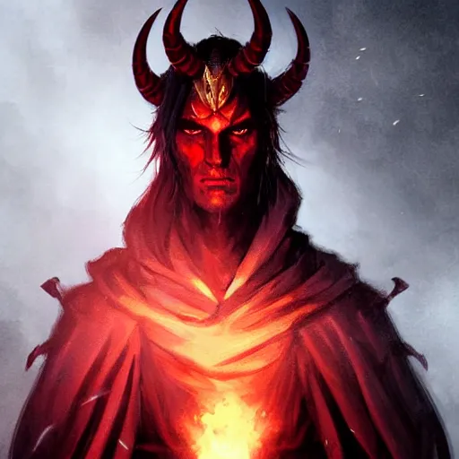 Prompt: A tiefling with red skin and gold eyes, wearing a black cloak, style of Greg Rutkowski, dungeons and dragons character art, artstation