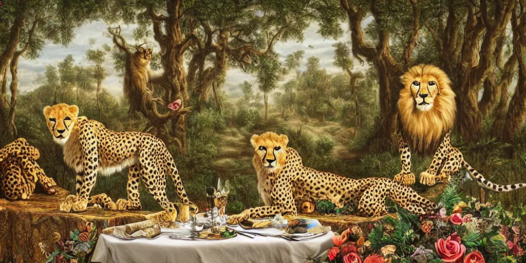 Prompt: cheetah and lion in front of birthday table in fairytale forest , huge scale, high detail, intricate by Jonathan Bentley