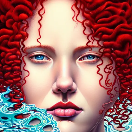 Image similar to beautiful face of a woman with red curly hair half submerged in water and Casey Weldon and Chie Yoshii, rich colors, intricate, elegant, highly detailed, centered, digital painting, artstation, concept art, smooth, sharp focus, illustration, octane render