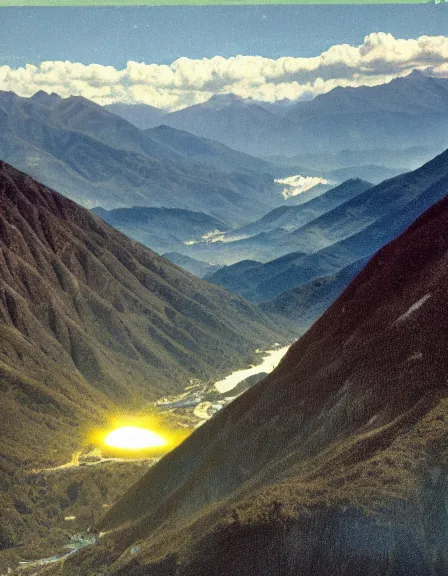 Image similar to vintage color photo of mysterious light being floating over Cordillera De Los Andes, 8k definition