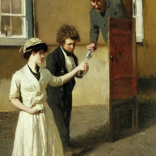 Prompt: young victorian man and woman diffusing a bomb, painted by alfred stevens