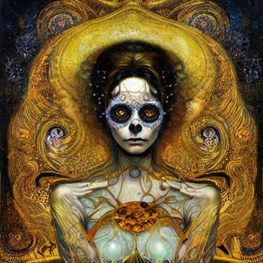 Image similar to Memento Mori by Karol Bak, Jean Deville, Gustav Klimt, and Vincent Van Gogh, beautiful visionary mystical portrait, otherworldly, fractal structures, ornate gilded medieval icon, third eye, spirals, sugar skull