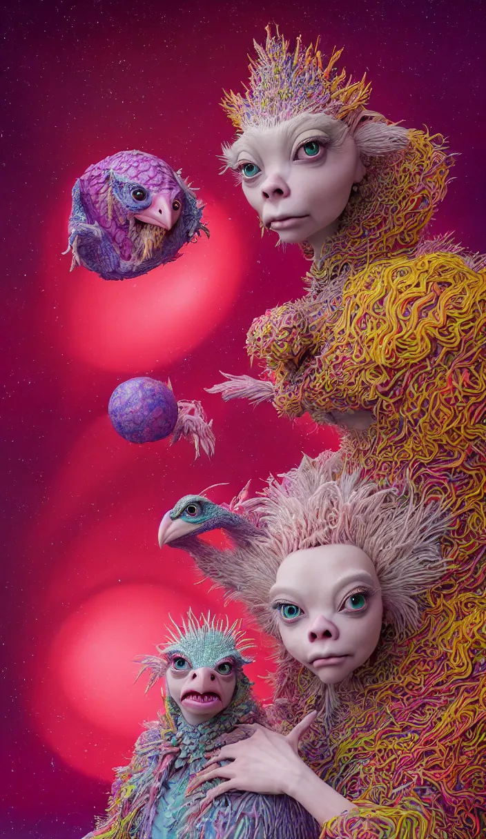 Prompt: hyper detailed 3d render like a Oil painting - kawaii portrait of two Aurora (a beautiful skeksis muppet fae queen protective mother from dark crystal that looks like Anya Taylor-Joy) seen red carpet photoshoot in UVIVF posing in scaly dress to Eat of the Strangling network of yellowcake aerochrome and milky Fruit and His delicate Hands hold of gossamer polyp blossoms bring iridescent fungal flowers whose spores black the foolish stars by Jacek Yerka, Ilya Kuvshinov, Mariusz Lewandowski, Houdini algorithmic generative render, Abstract brush strokes, Masterpiece, Edward Hopper and James Gilleard, Zdzislaw Beksinski, Mark Ryden, Wolfgang Lettl, hints of Yayoi Kasuma and Dr. Seuss, octane render, 8k