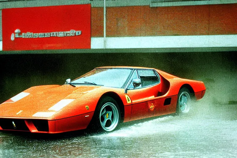 Image similar to 1982 photograph of a single Ferrari GTO, raining, wet and reflective, movie still, cinematic Eastman 5384 film