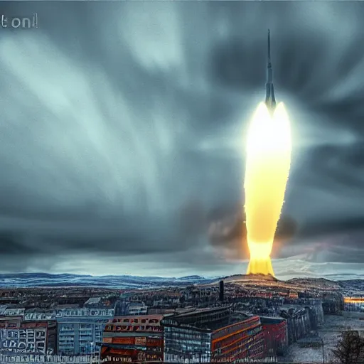 Image similar to A huge missile hits Oslo, Nuclear Explosion, Realistic, HDR, Real Event, HDD, Ultra Lightning,