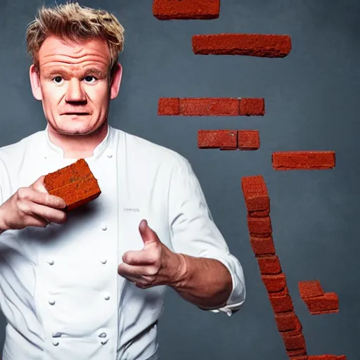 Image similar to Gordon Ramsey eating bricks, crying, photo, crisp, 8k