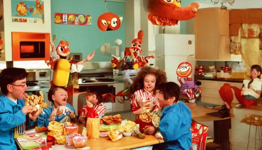 Image similar to 1 9 9 0 s candid 3 5 mm photo of a beautiful day in the family kitchen, cinematic lighting, cinematic look, golden hour, an absurd costumed mascot from the wacky giant face space club show is forcing the children to eat cereal, children are eating way too much cereal, uhd