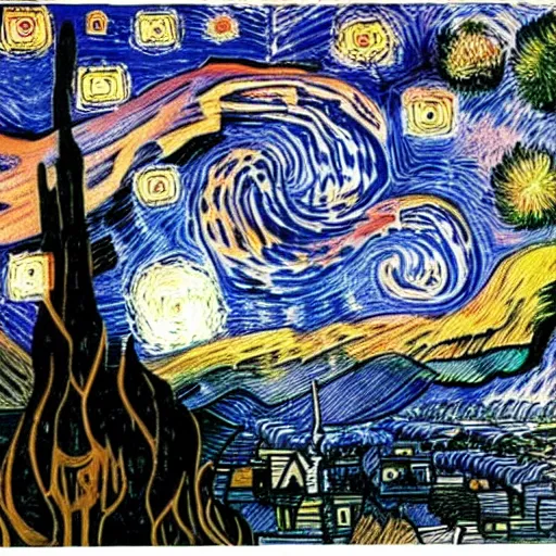 Image similar to a volcano at night, artwork by junji ito and van gogh, junji ito, van gogh