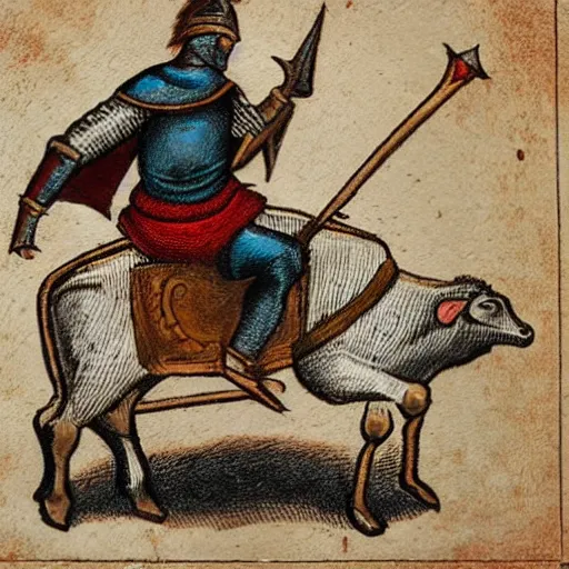 Prompt: medieval knight riding a cow into battle