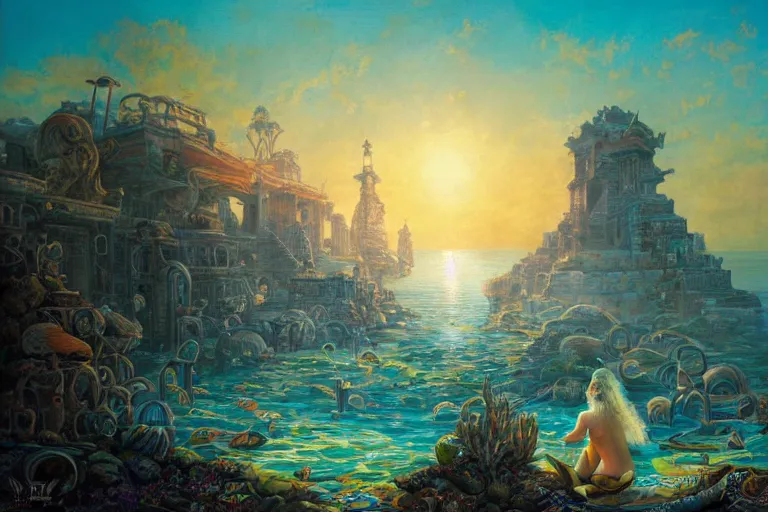 Prompt: a beautiful painting of the lost city of Atlantic city under water, ray of sunlight, mermaid in distance, Mohrbacher