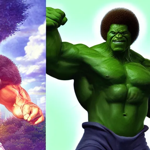 Image similar to photomanipulation of BOB ROSS as hulk, marvel, fully detailed, volumetric lightening, octane render