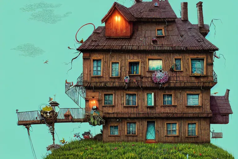 Prompt: house by alibaba, art by gediminas pranckevicius, geof darrow, dark shadows, hard lighting, floralpunk, inking, etching, screen print, masterpiece, trending on artstation, sharp, high contrast hd, 8 k hyper detailed