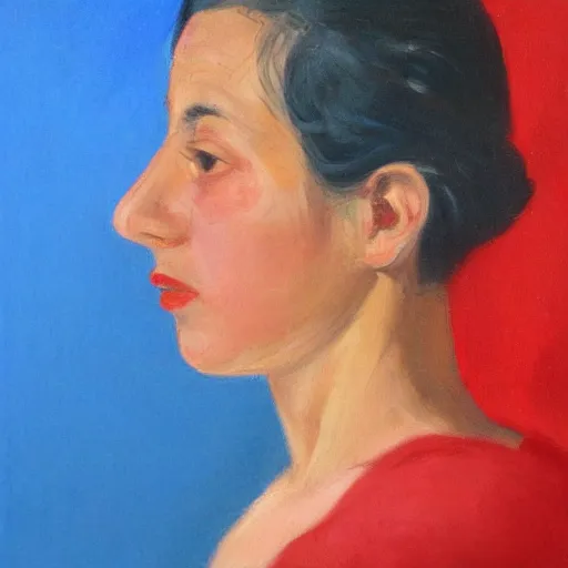 Prompt: profile portrait in peruvian realist style ( 1 9 5 4 ), young!!!, cerulean blue, cadmium red, zinc white, overhead lighting, detailed, expressive, shadows