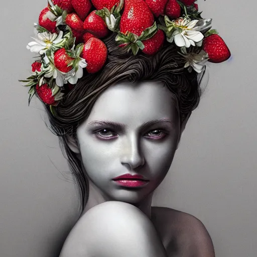 Image similar to the portrait of an absurdly beautiful, graceful, elegant, sophisticated, fashionable woman made of strawberries and white petals looking down, an ultrafine hyperdetailed illustration by kim jung gi, irakli nadar, intricate linework, bright colors, octopath traveler, final fantasy, unreal engine 5 highly rendered, global illumination, radiant light, detailed and intricate environment