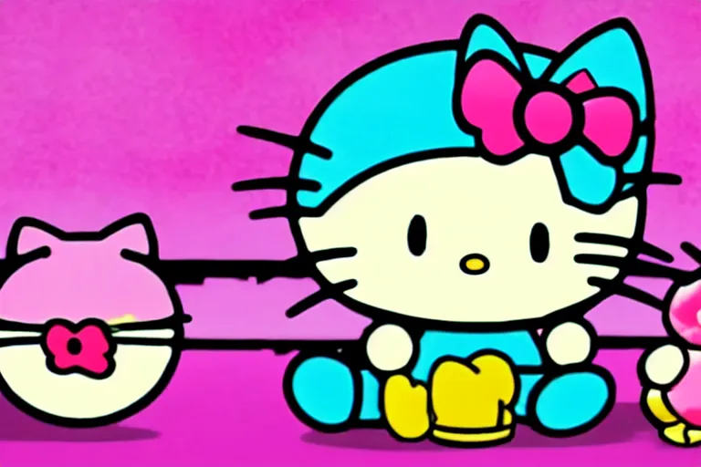 Image similar to animated cartoon film of hello kitty at the gym, big muscles hello kitty by sanrio