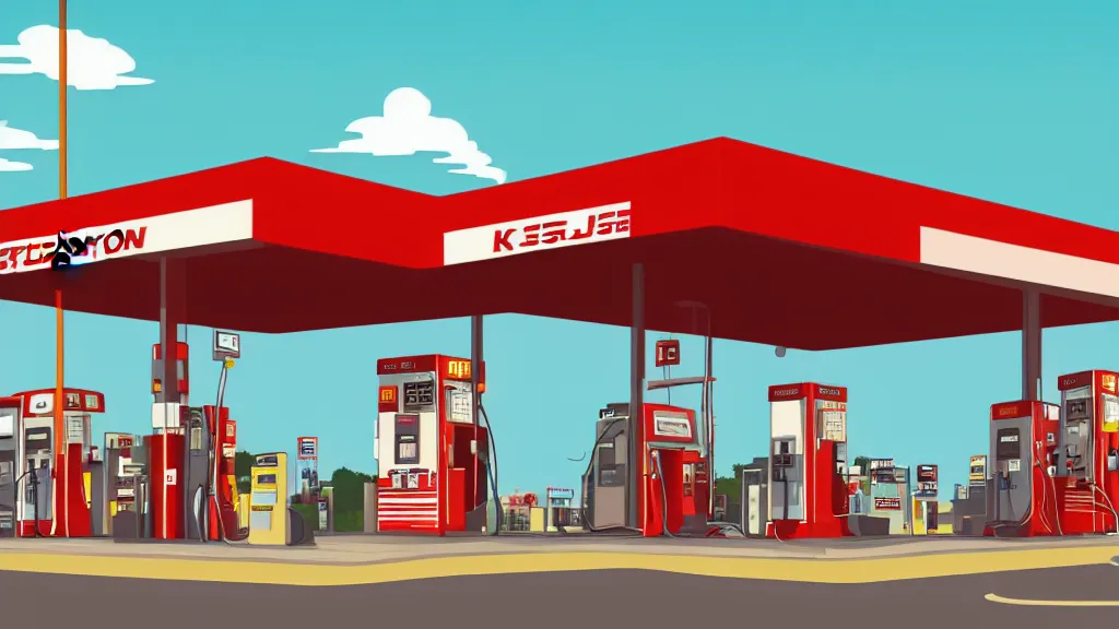 Image similar to Explosion at the gas station, flat design, screen print by Kawase Hasui and dan hillier, 8k unreal engine