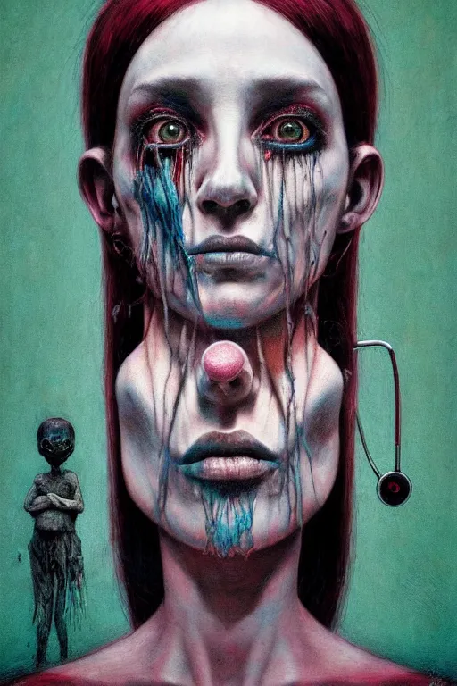 Image similar to crayon cartoon grunge portrait of a creepy horror nurse girl . intricate artwork. nightmare fuel. terrifying. by zdzisław Beksiński, wlop, dan mumford , trending on artstation, greg rutkowski very coherent symmetrical artwork. cinematic, hyper realism, high detail, octane render, 8k