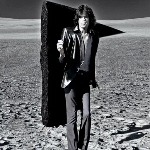 Prompt: mick jagger in front of a huge black monolith, from the movie 2 0 0 1 a space oddisey directed by stanley kubrick, detailed photo,