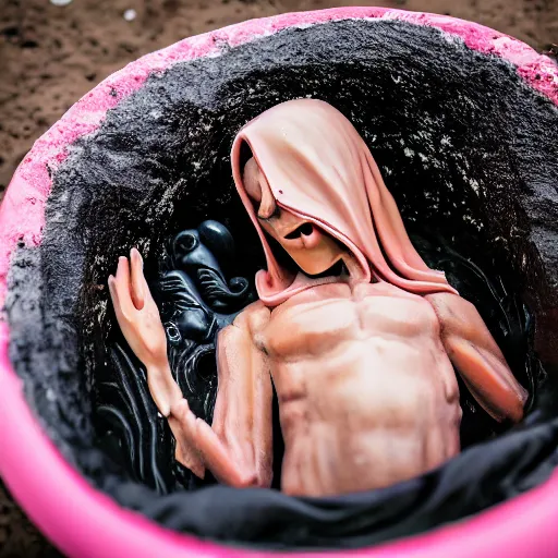 Image similar to grim reaper lying inside a kiddie pool, very detailed, very realistic, photograph, photoshoot, 5 0 mm, canon, nikon, zeiss lens, editorial, perfect composition, perfect lighting, 4 k